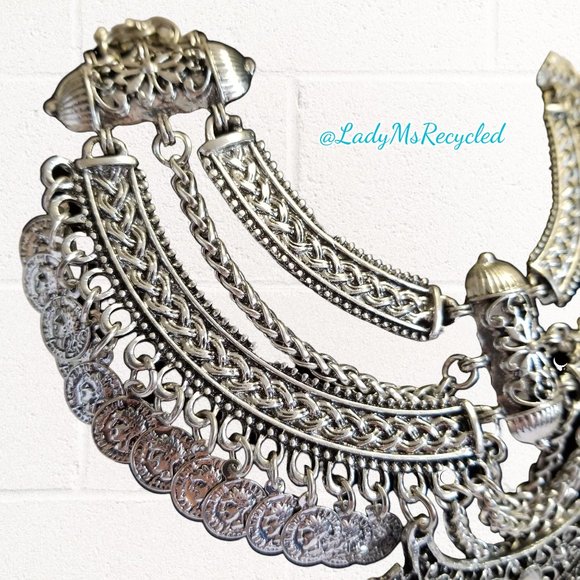 Chunky Silver-tone Statement Coin Necklace & Earrings Boho Belly Dance NEW! - Picture 8 of 10